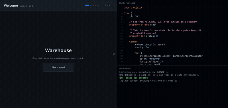 A colour, a font size and a handler body, changed while the application keeps running